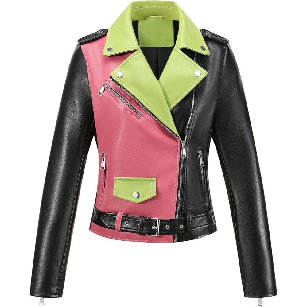 Women Faux Leather Motorcycle Jacket Green Pink Stand Collar with Pockets Coat